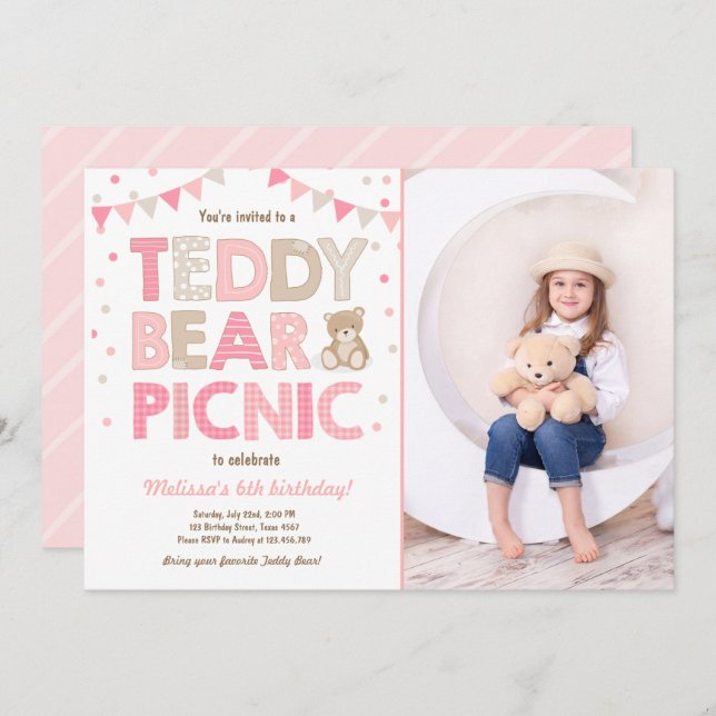 Teddy Bear Picnic Geburtstag Einladung Pink (Vorne/Hinten)