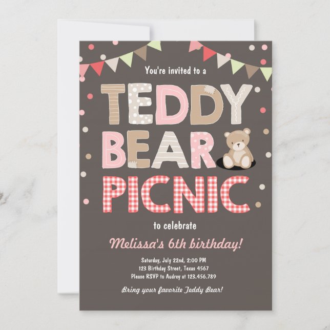 Teddy Bear Picnic Geburtstag Einladung Pink (Vorderseite)