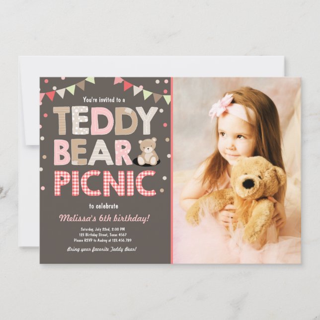 Teddy Bear Picnic Geburtstag Einladung Pink (Vorderseite)