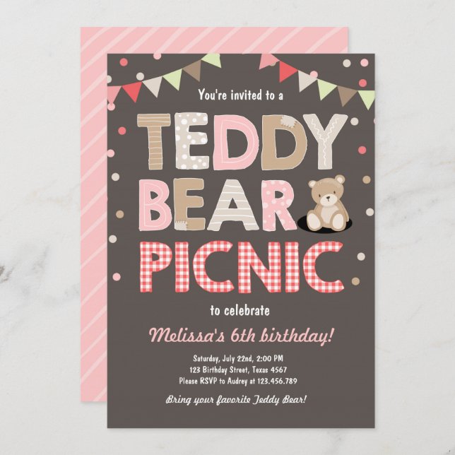 Teddy Bear Picnic Geburtstag Einladung Pink (Vorne/Hinten)