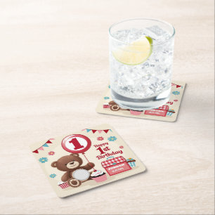 Teddy Bear Picnic Happy 1. Geburtstag Papierplatte Rechteckiger Pappuntersetzer