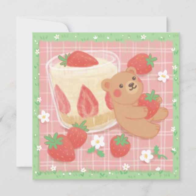 Teddy Bear Picnic mit Erdbeeren Karte (Vorderseite)