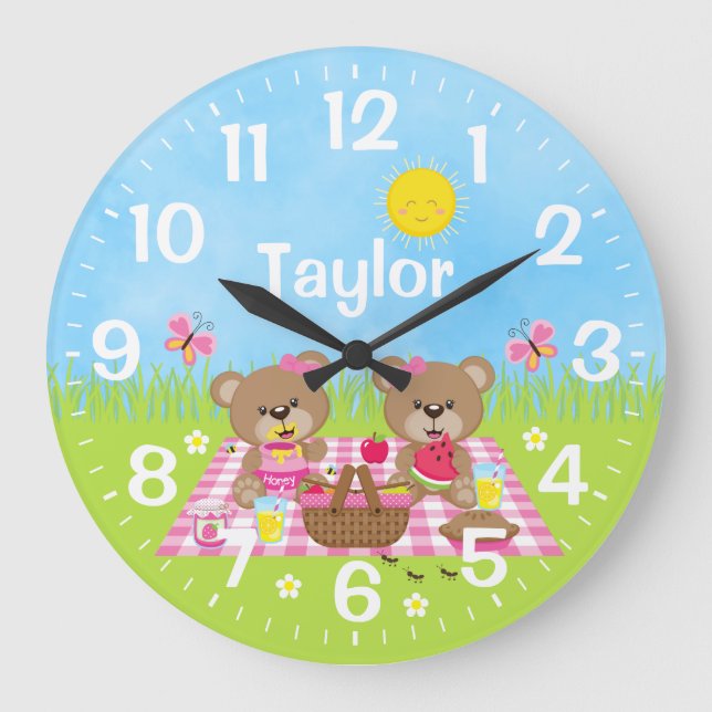 Teddy Bear Picnic Pink Große Wanduhr (Vorderseite)