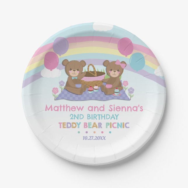 Teddy Bear Picnic Rainbow Twin Boy Girl Birthday Pappteller (Vorderseite)