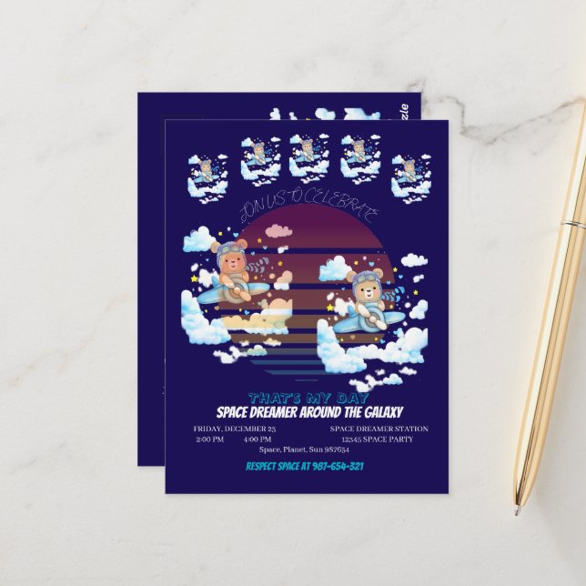 Teddy Bear Pilot Airplane Art Postkarte (Vorderseite/Rückseite Beispiel)