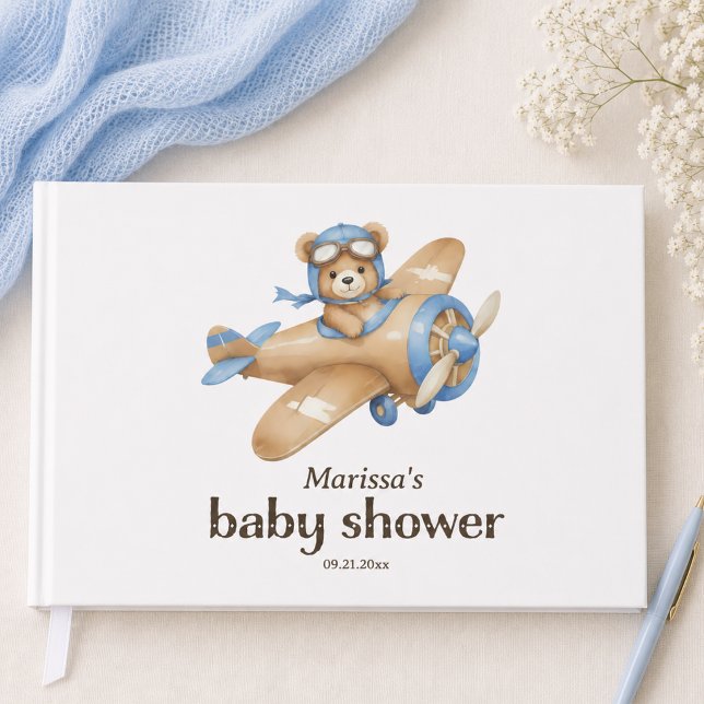 Teddy Bear Pilot Baby Boy Dusche Gästebuch (cute whimsical teddy bear pilot baby boy shower personalized guest book)