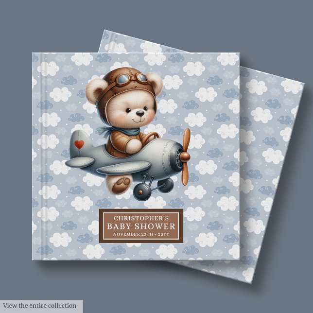 Teddy Bear Pilot Baby Dusche Gästebuch Blue Thema (Teddy Bear Pilot Baby Shower Guest Book Blue Theme)
