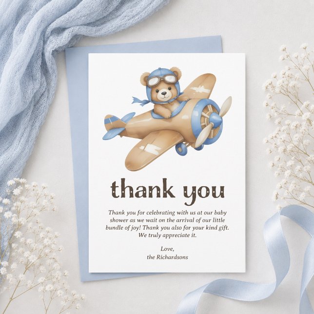 Teddy Bear Pilot Boy Baby Dusche Dankeskarte (cute whimsical teddy bear pilot baby boy shower thank you card with personalized message)