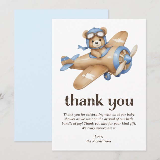 Teddy Bear Pilot Boy Baby Dusche Dankeskarte (Vorne/Hinten)