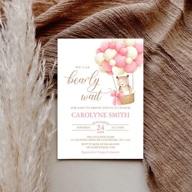 Teddy Bear Pink Ballon Bearly Wait Baby Dusche Einladung (Von Creator hochgeladen)