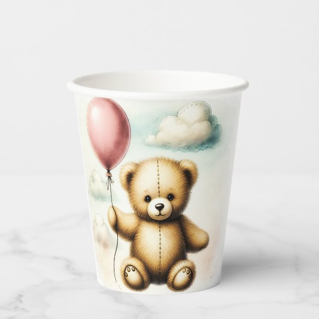 Teddy Bear Pink Ballon Bearly Wait Baby Dusche Pappbecher (Vorderseite)