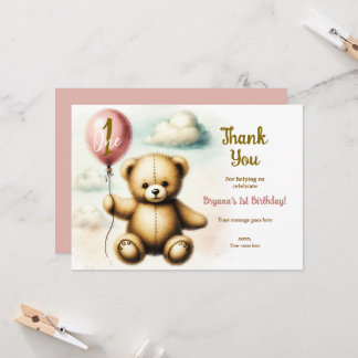 Teddy Bear Pink Balloon 1. Geburtstags-Party Einladung