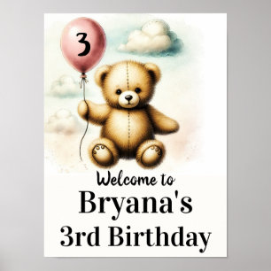 Teddy Bear Pink Balloon 1. Geburtstagszeichen Poster