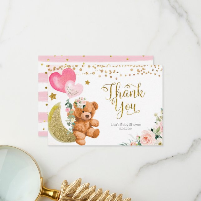 Teddy Bear Pink Balloon Baby Dusche Danke Karte (Vorderseite/Rückseite Beispiel)