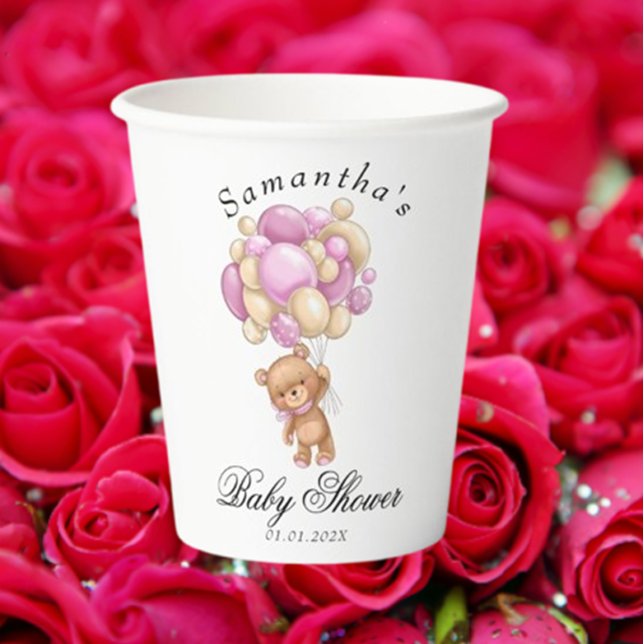 Teddy Bear Pink Balloon Baby Shooting Paper Cups Pappbecher (Celebrate your little one's arrival with our adorable Teddy Bear Pink Balloon Baby Shower paper cups)