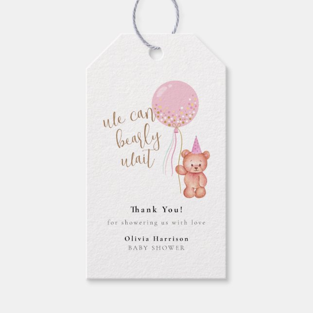 Teddy Bear Pink Balloon Babydusche Danke Geschenkanhänger (Vorderseite)