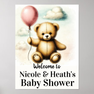 Teddy Bear Pink Balloon Babyduschzeichen Poster