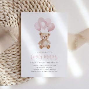 Teddy Bear Pink Balloon Beary Erster Geburtstag Einladung