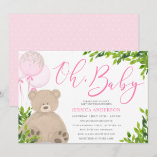 Teddy Bear Pink Balloon Greenery Girl Baby Shower Einladung