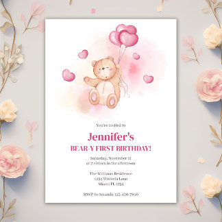 Teddy Bear Pink Balloons 1. Geburtstags-Party Einladung