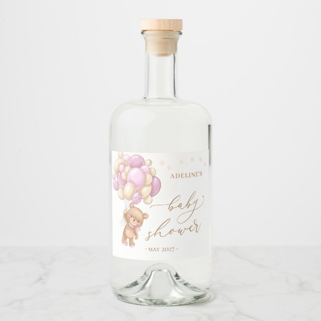 Teddy Bear Pink Balloons Babydusche Alkoholflaschenetikett (Vorderseite)