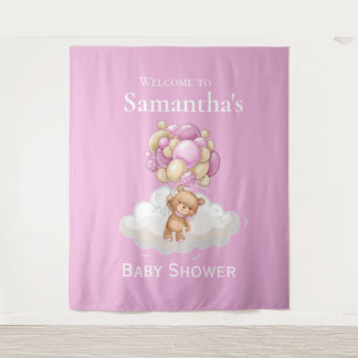 Teddy Bear Pink Balloons Babydusche Hintergrund Wandteppich