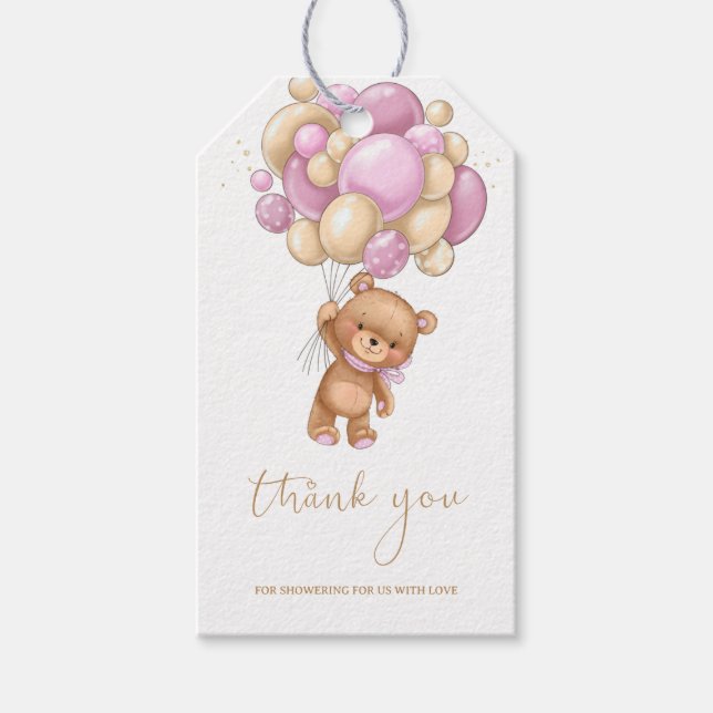 Teddy Bear Pink Balloons Babydusche Vielen Dank Geschenkanhänger (Vorderseite)