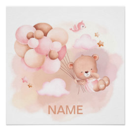 TEDDY BEAR PINK BALLOONS & CLOUDS BABY POSTER