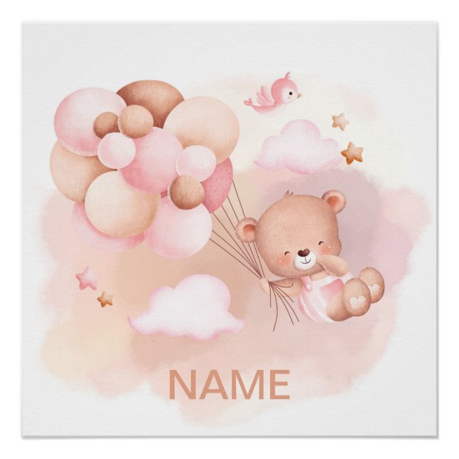 TEDDY BEAR PINK BALLOONS & CLOUDS BABY POSTER (Vorderseite)