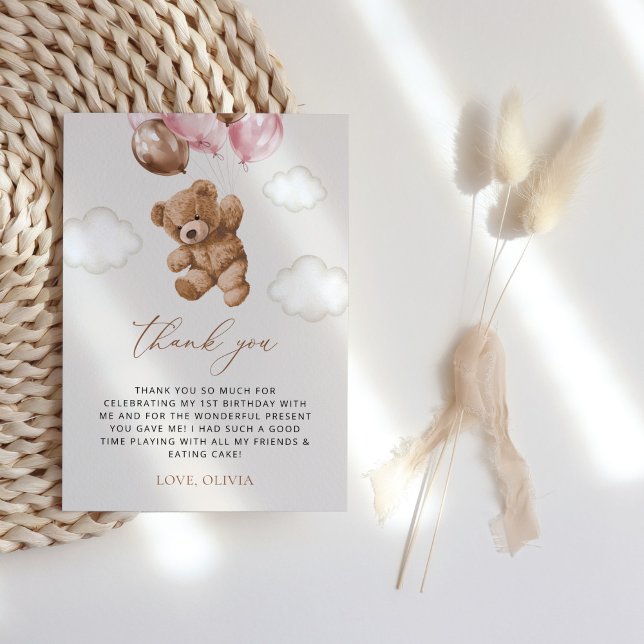 Teddy Bear, Pink Balloons, Erster Geburtstag Dankeskarte (Von Creator hochgeladen)