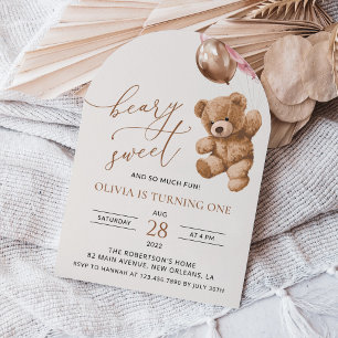 Teddy Bear, Pink Balloons, Erster Geburtstag Einladung