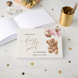 Teddy Bear, Pink Balloons, Erster Geburtstag Gästebuch