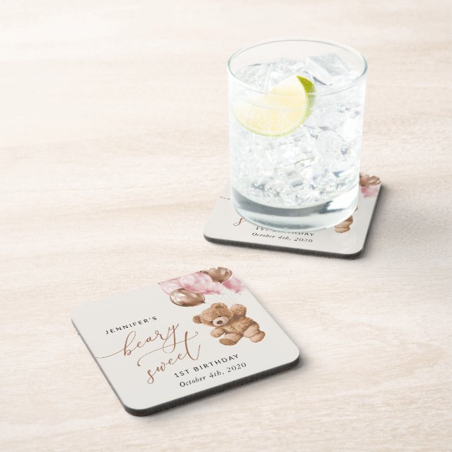Teddy Bear, Pink Balloons, Erster Geburtstag Getränkeuntersetzer (Rechte Seite)