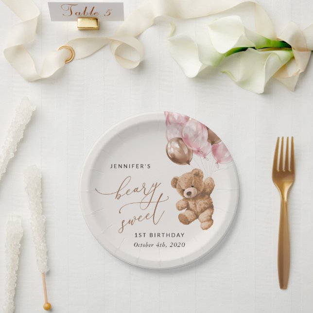 Teddy Bear, Pink Balloons, Erster Geburtstag Pappteller (Hochzeit)