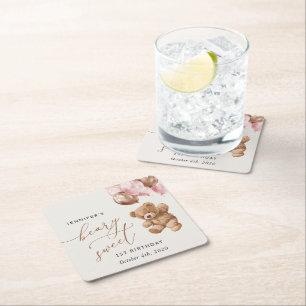 Teddy Bear, Pink Balloons, Erster Geburtstag Rechteckiger Pappuntersetzer