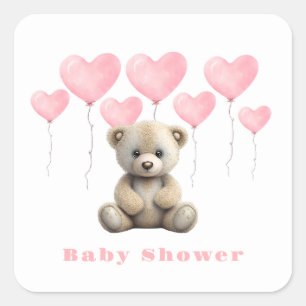 Teddy Bear Pink Balloons Girl Baby Dusche Quadratischer Aufkleber