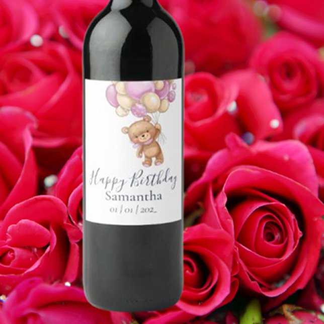 Teddy Bear Pink Balloons Girl Birthday Party Weinetikett (Celebrate her special day with a charming Teddy Bear Pink Balloons Girl Birthday Party wine label)