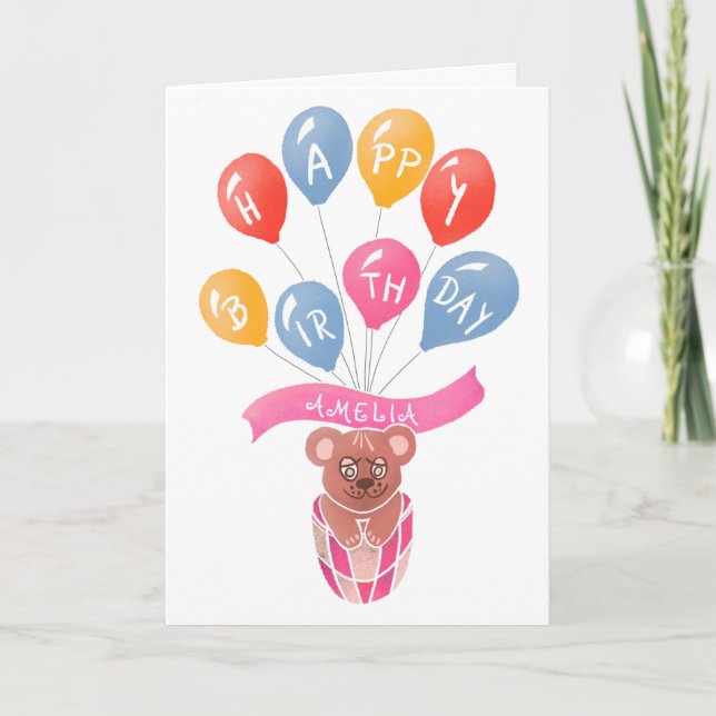 Teddy Bear Pink Balloons Girl Happy Birthday Card Karte (Vorderseite)