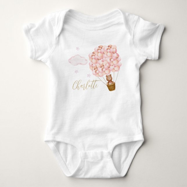 Teddy Bear Pink Balloons Gold Script Baby Strampler (Vorderseite)