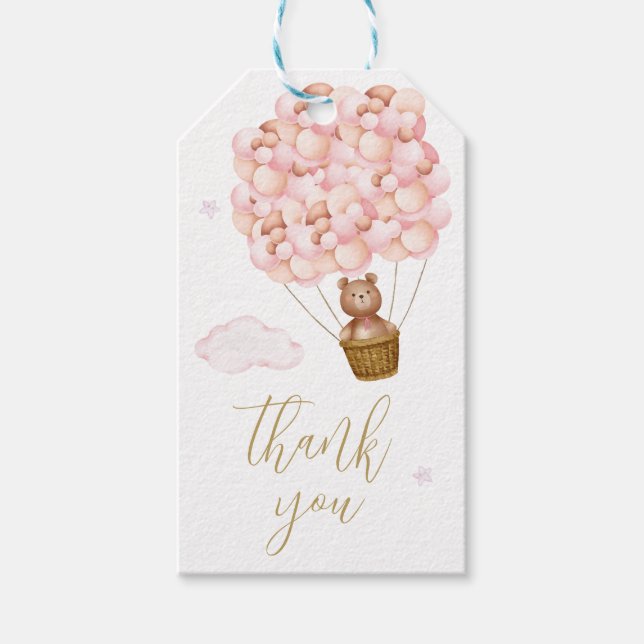 Teddy Bear Pink Balloons Gold Script Vielen Dank Geschenkanhänger (Vorderseite)
