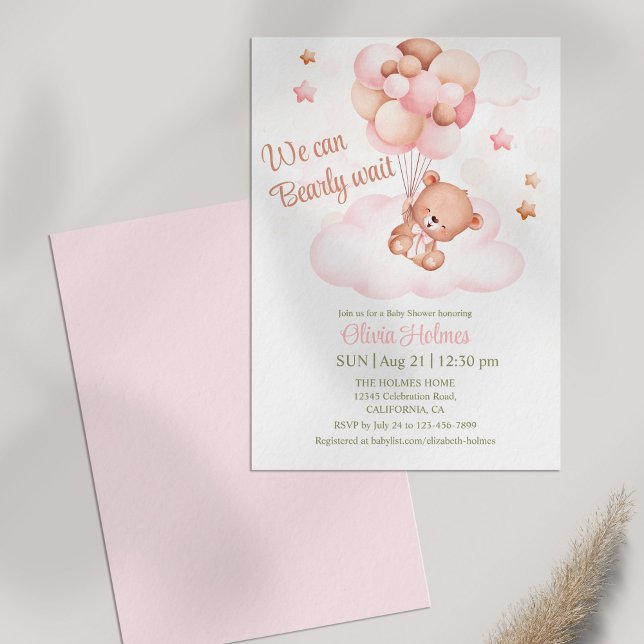 Teddy Bear & Pink Balloons Kinderdusche Einladung (Teddy Bear with Pink Balloons Shower Invitation on table )