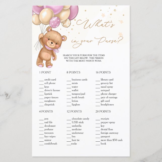 Teddy Bear Pink Balloons Was ist in eurem Purse Ga (Vorderseite)