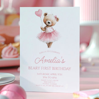 Teddy Bear Pink Beary First 1st Birthday Party Einladung