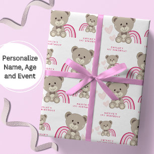 TEDDY BEAR Pink Birthday Wrapping Paper Roll Geschenkpapier