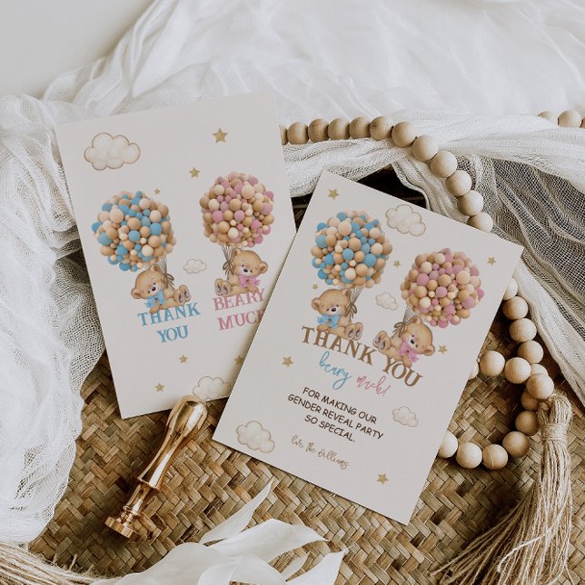 Teddy Bear Pink Blue Balloons Gender Reveal Dankeskarte (Von Creator hochgeladen)