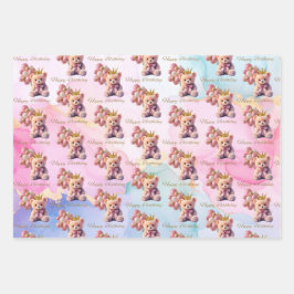 Teddy Bear Pink Bow Gold Crown Happy Birthday Geschenkpapier Set