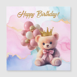 Teddy Bear Pink Bow Gold Crown Happy Birthday Magnetkarte