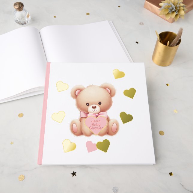 Teddy Bear Pink Hearts Foil Guestbook Gästebuch (Vorderseite Offen)
