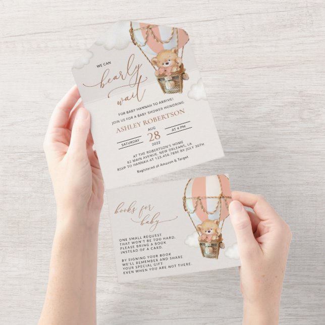 Teddy Bear, Pink Hot Air Ballon, Babydusche All In One Einladung (Abreißen)