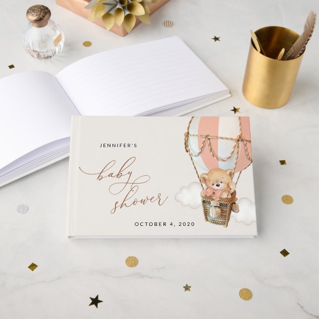 Teddy Bear, Pink Hot Air Ballon, Babydusche Gästebuch (Vorderseite Offen)
